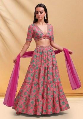 Pink Floral Print Chinon Lehenga Set