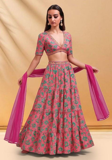 Pink Floral Print Chinon Lehenga Set