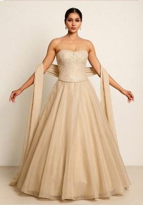 Rose Gold Embroidered Net Lehenga Set