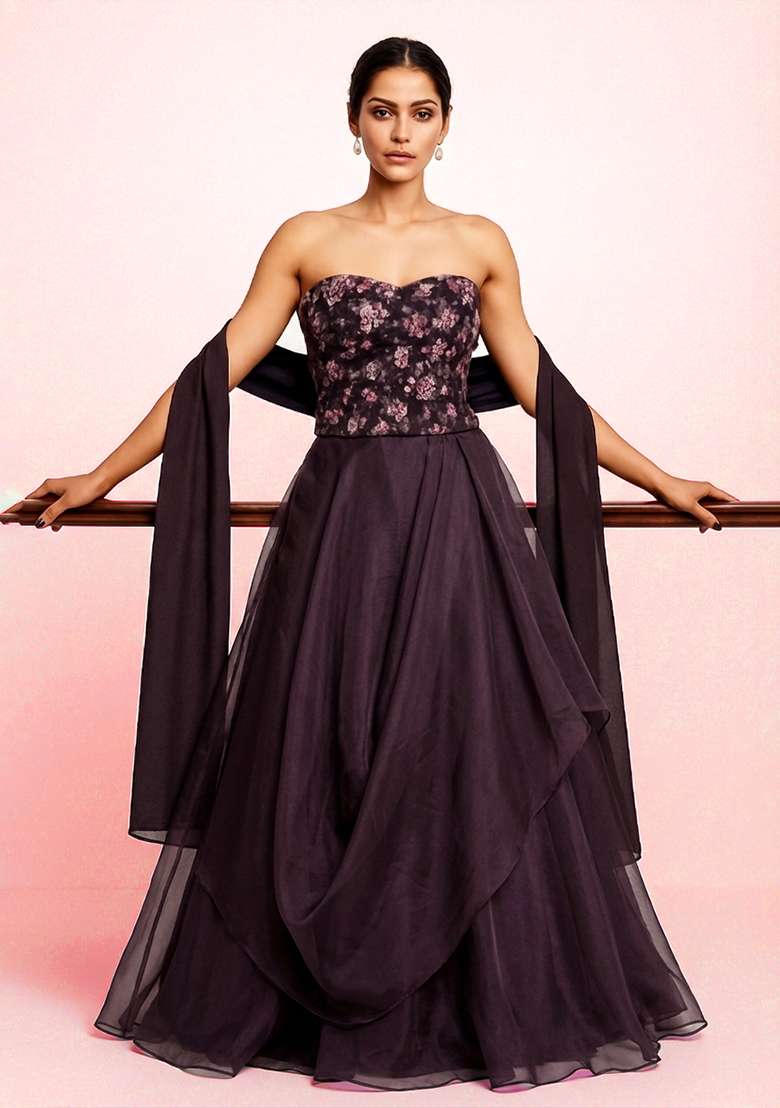 grey Embroidered Net Corset Blouse Lehenga Set for Diwali and Festive Wear - Indya