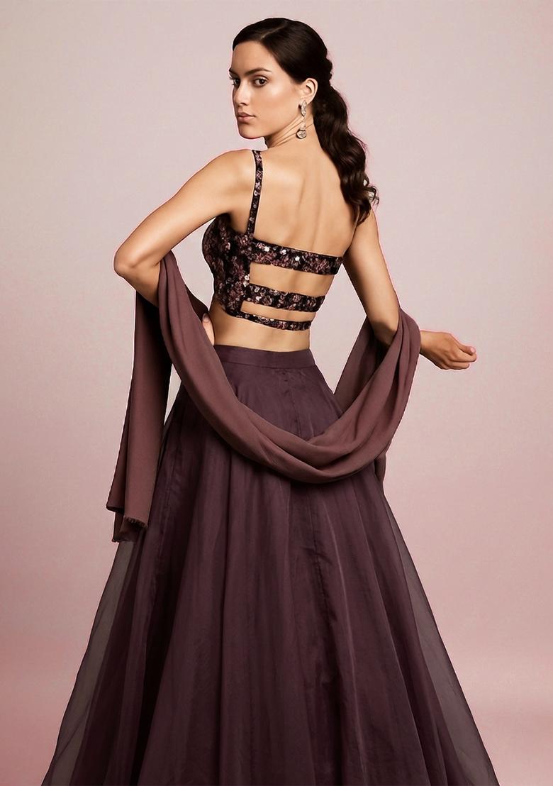 Grey Embroidered Net Lehenga Set - Indya