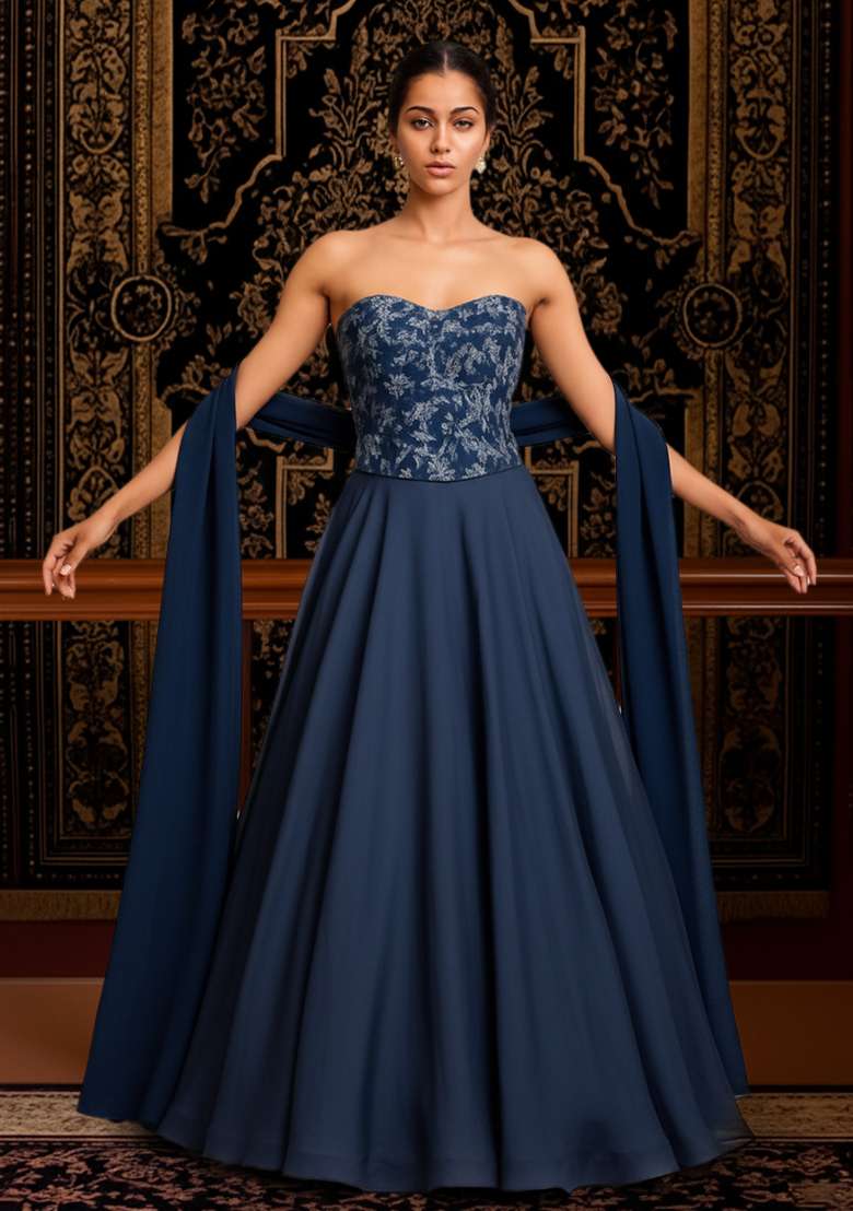 Navy Blue Embroidered Net Corset Blouse Lehenga Set - Indya