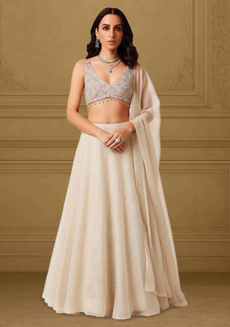Rose Gold Net Lehenga Set with Embroidered for Diwali | Wedding & Festive Wear - Indya