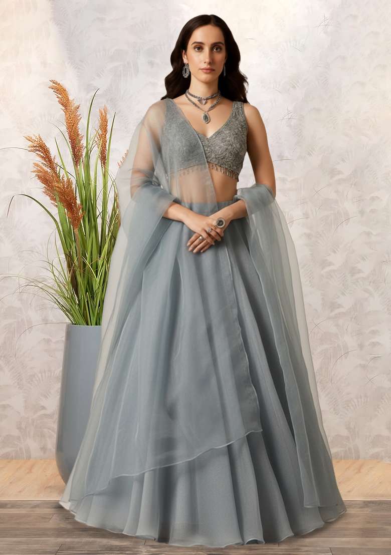 Blue Embroidered Net Lehenga Set for Diwali and Festive Wear - Indya