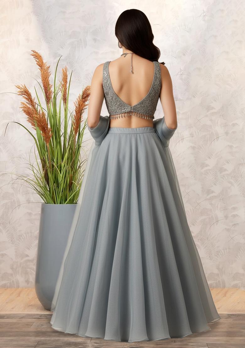 Blue Embroidered Net Lehenga Set - Indya