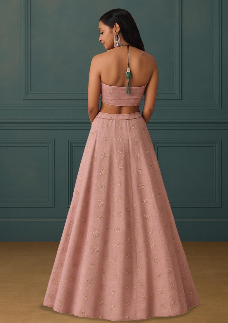 Pink Embellished Linen Lehenga Set - Indya
