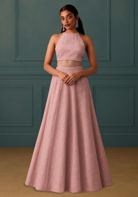 Pink Embellished Linen Lehenga Set