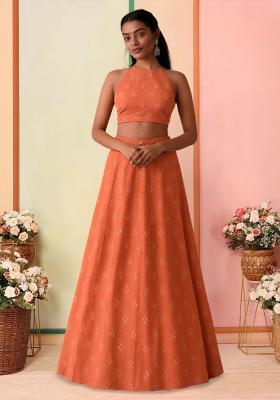 Rust Embellished Linen Lehenga Set