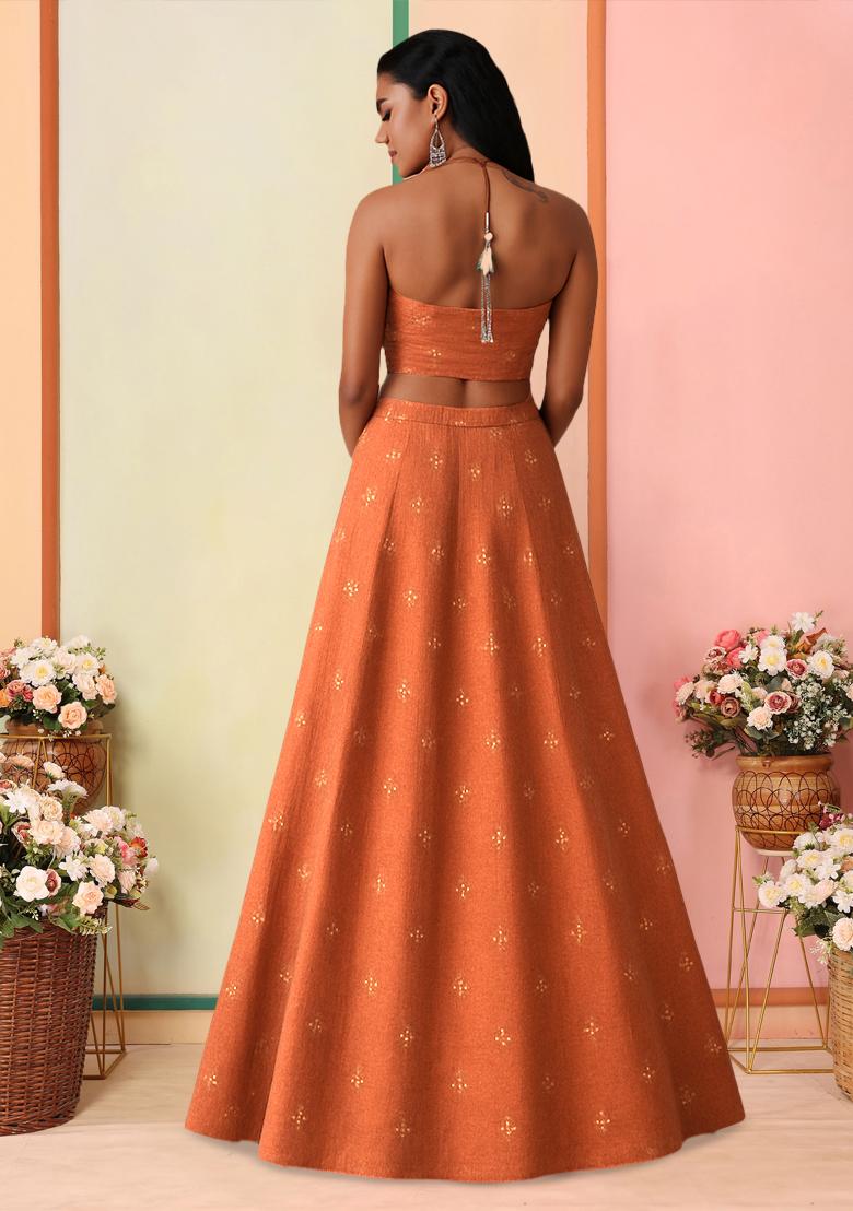 Rust Embellished Linen Lehenga Set - Indya