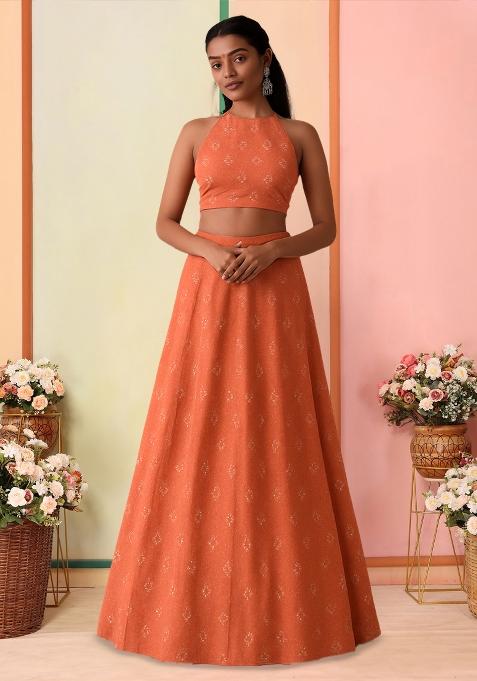 Rust Embellished Linen Lehenga Set