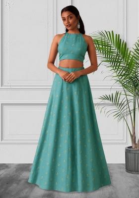 Blue Embellished Linen Lehenga Set