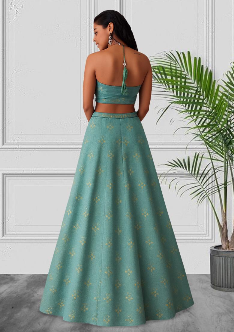 Blue Embellished Linen Lehenga Set - Indya