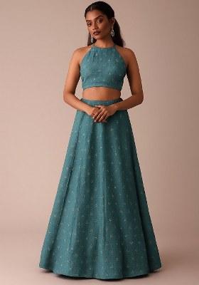 Blue Embellished Linen Lehenga Set