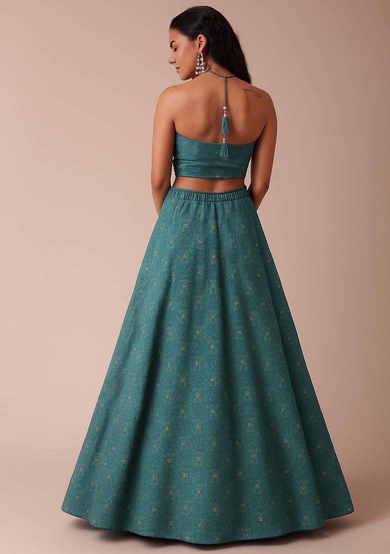 Blue Embellished Linen Lehenga Set - Indya