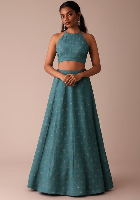 Blue Embellished Linen Lehenga Set