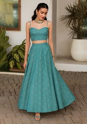 Blue Embellished Linen Lehenga Set
