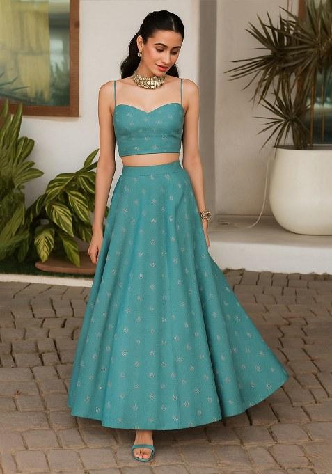 Blue Embellished Linen Lehenga Set