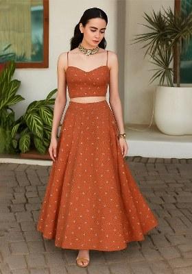 Rust Embellished Linen Lehenga Set