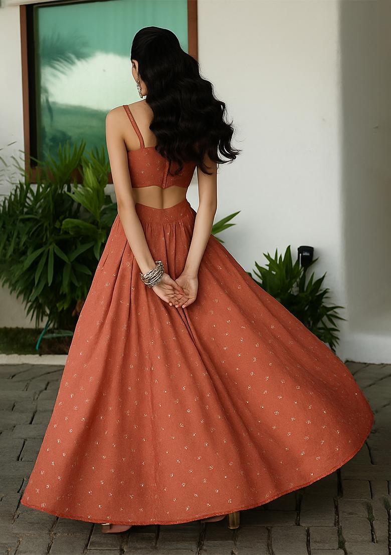 Rust Embellished Linen Lehenga Set - Indya