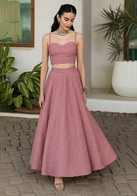 Pink Embellished Linen Lehenga Set