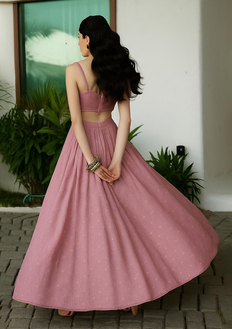 Pink Embellished Linen Lehenga Set - Indya