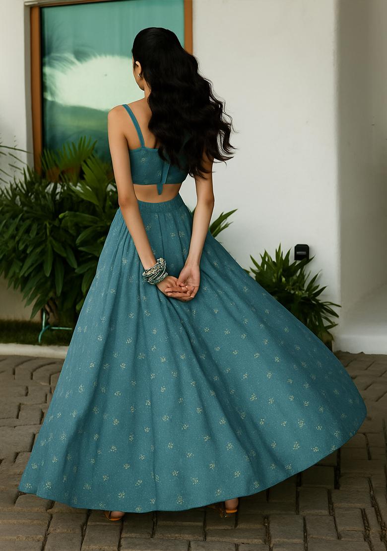 Blue Embellished Linen Lehenga Set - Indya