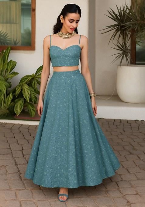 Blue Embellished Linen Lehenga Set