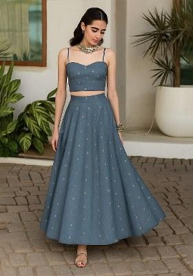Blue Embellished Linen Lehenga Set
