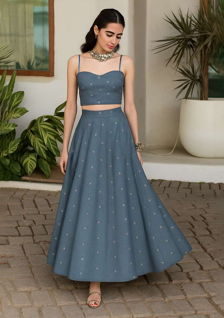 Blue Embellished Linen Lehenga Set - Indya