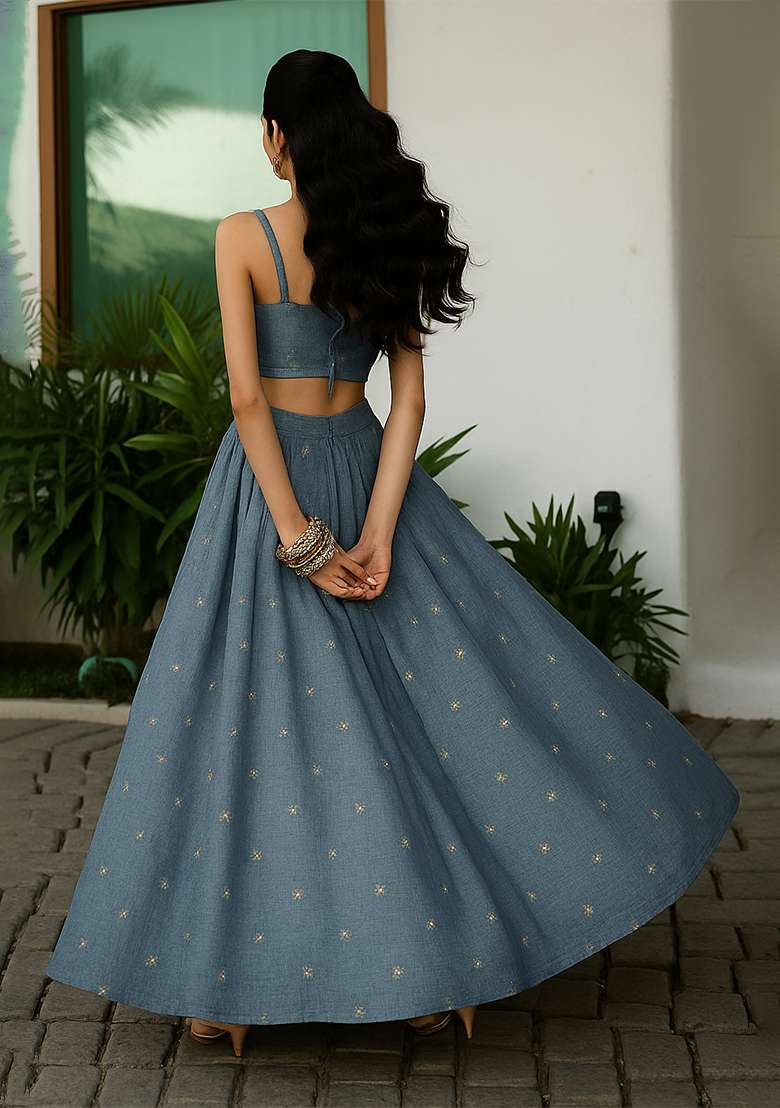 Blue Embellished Linen Lehenga Set - Indya