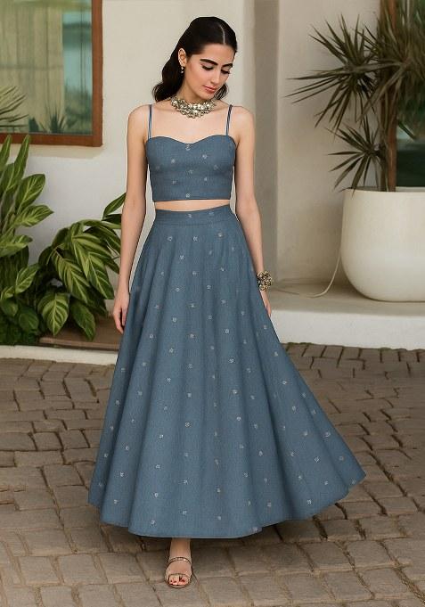 Blue Embellished Linen Lehenga Set