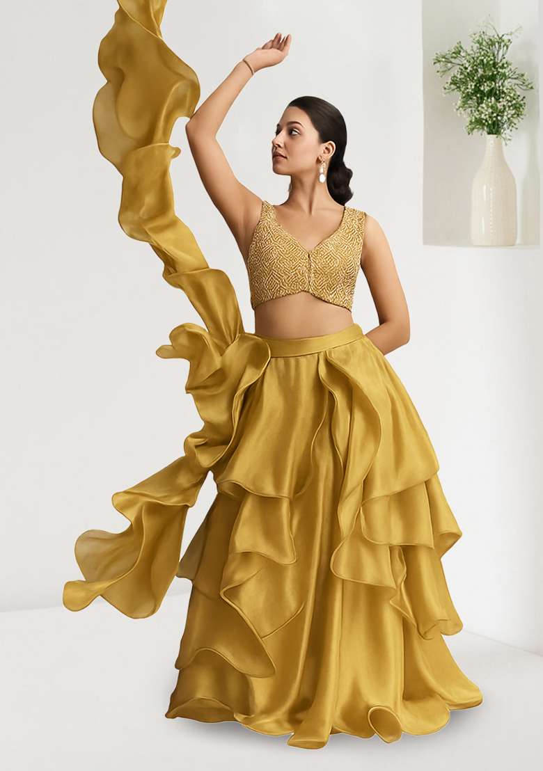 Yellow Embroidered Net Lehenga Set - Indya