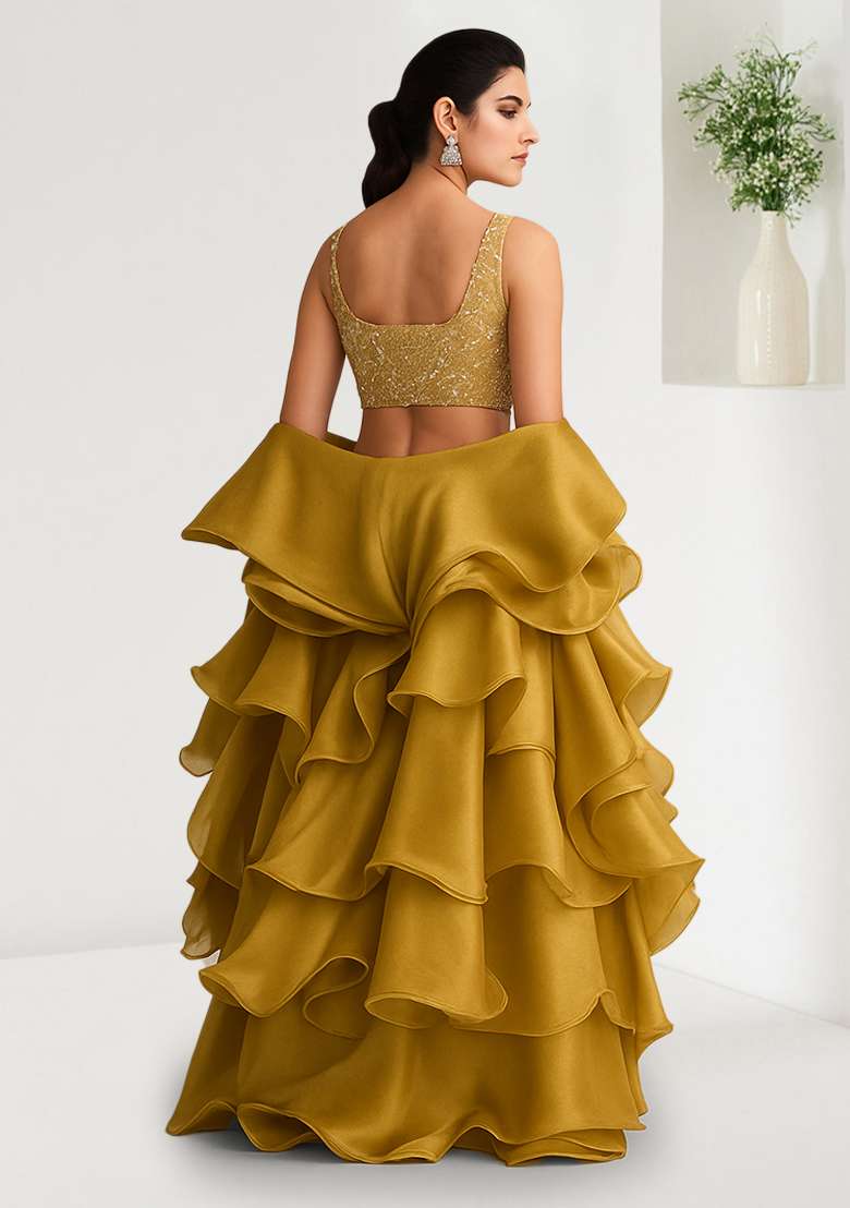 Yellow Embroidered Net Lehenga Set - Indya