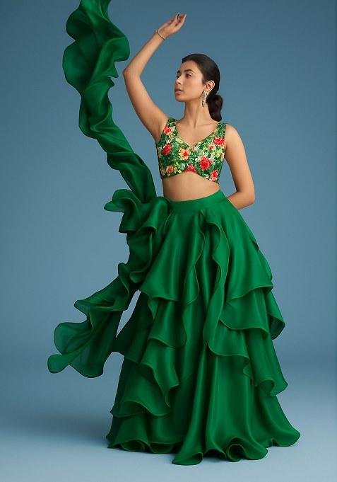 Green Embroidered Lehenga Set