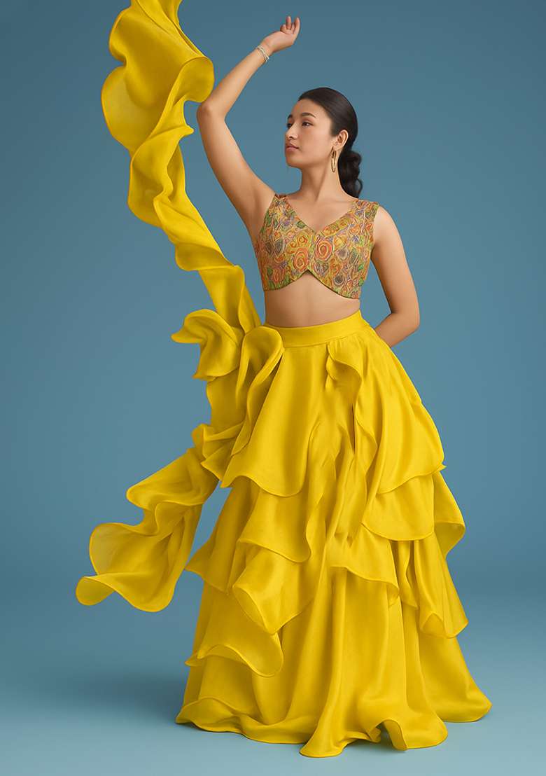 Multicolor Printed Silk Blend Lehenga Set - Indya
