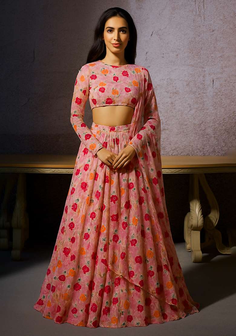 Light Pink Organza Lehenga Set with Embroidered for Diwali | Wedding & Festive Wear - Indya
