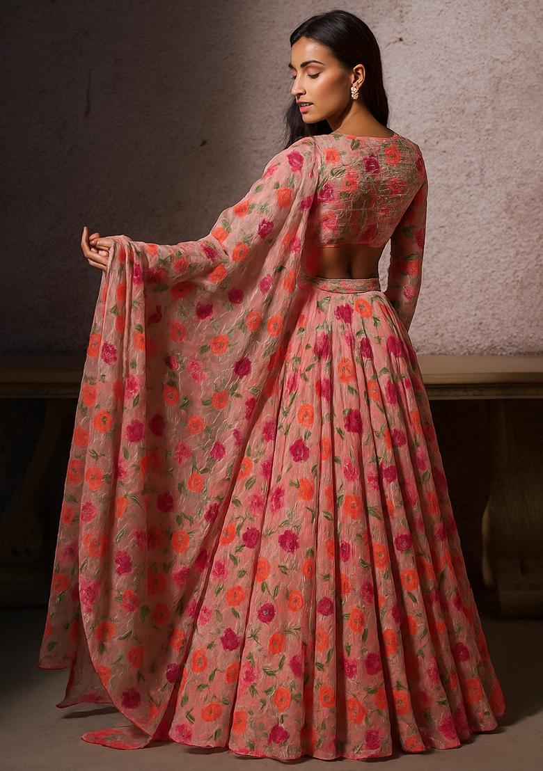 Light Pink Embroidered Organza Lehenga Set - Indya