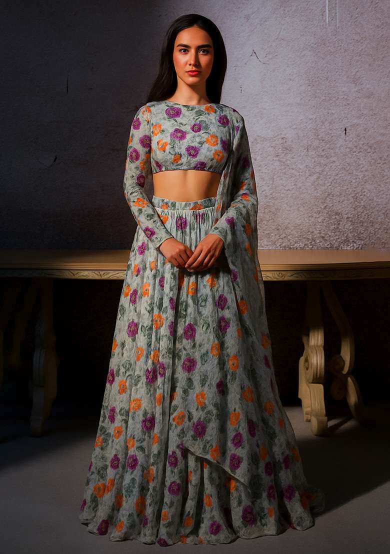 Grey Organza Lehenga Set with Embroidered for Diwali | Wedding & Festive Wear - Indya