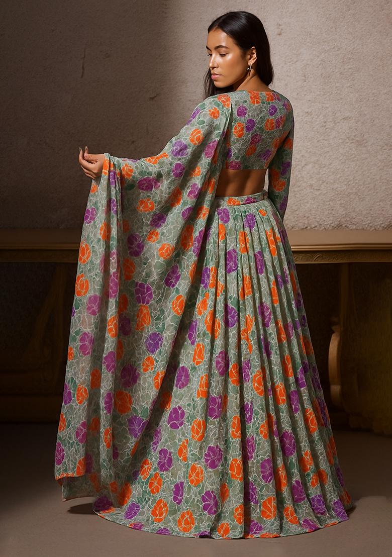 Grey Embroidered Organza Lehenga Set - Indya