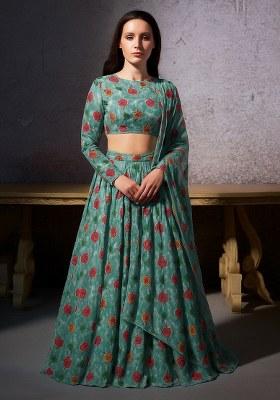 Light Blue Embroidered Organza Lehenga Set