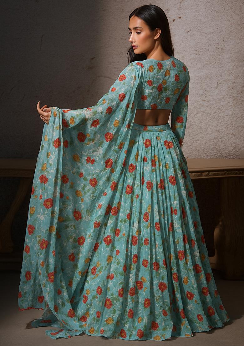 Light Blue Embroidered Organza Lehenga Set - Indya