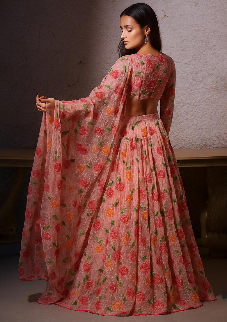 Light Pink Embroidered Organza Lehenga Set - Indya
