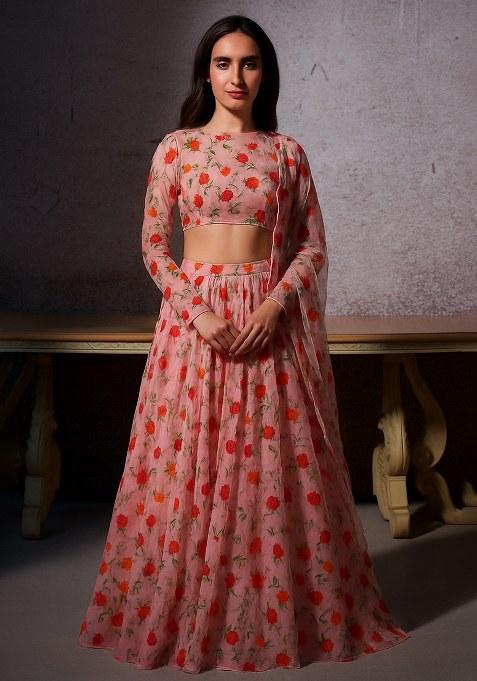 Light Pink Embroidered Organza Lehenga Set