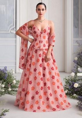 Peach Embroidered Organza Lehenga Set