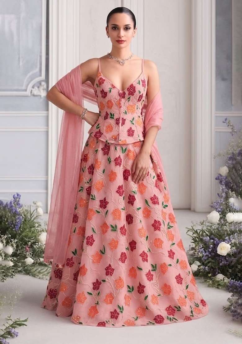 Peach Organza Lehenga Set with Embroidered & Corset Blouse for Diwali | Wedding & Festive Wear - Indya