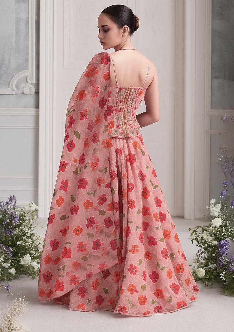 Peach Embroidered Organza Lehenga Set - Indya