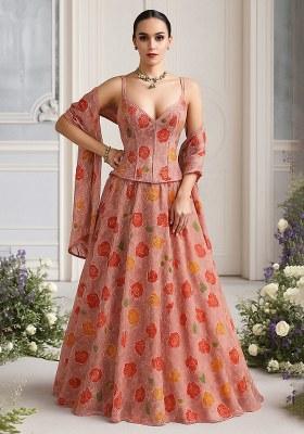 Pink Embroidered Organza Lehenga Set