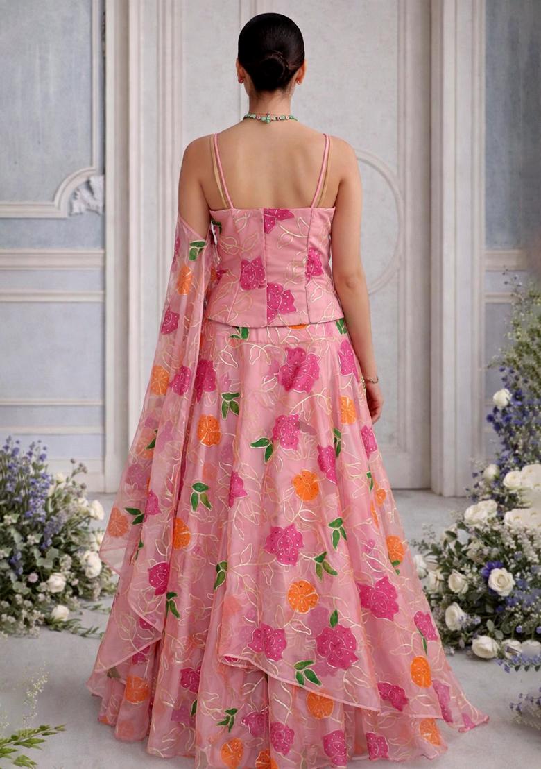 Pink Embroidered Organza Lehenga Set - Indya