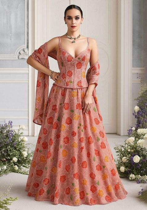 Pink Embroidered Organza Lehenga Set