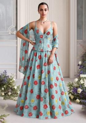 Blue Embroidered Organza Lehenga Set